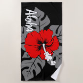 バンザイビーチハワイアンハイビスカスフローラ – ブラック ビーチタオル (正面)