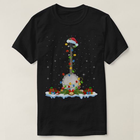 バンジョミュージックラバークリスマス照明サンタハットバンジョーCh Tシャツ (デザイン正面)