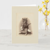 バンジョーのメッセージカードを遊んでいるヴィンテージ猫 カード (黄色い花)