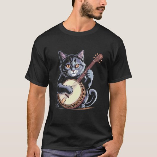 バンジョーを演奏する猫のイラスト 1 Tシャツ (正面)