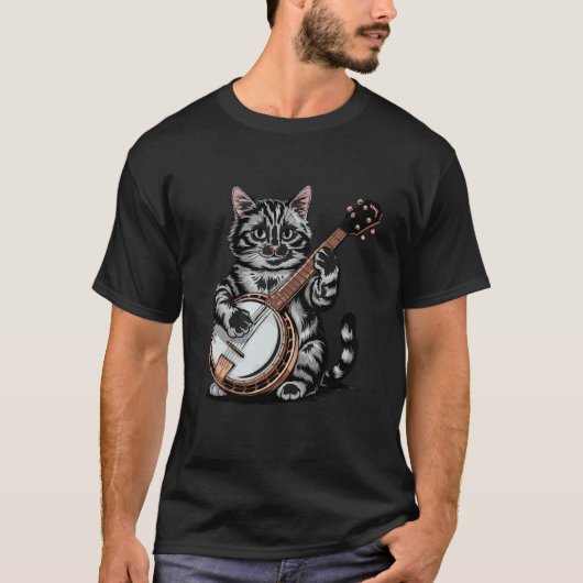 バンジョーを演奏する猫のイラスト Tシャツ (正面)