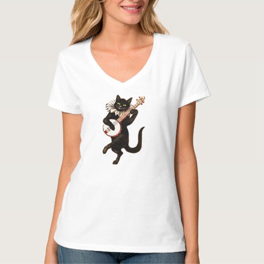 バンジョーを演奏する黒猫 Tシャツ (正面)