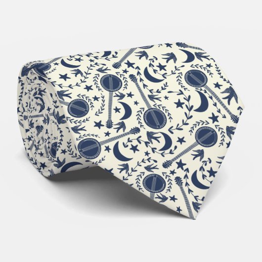 バンジョー選手のためのブルーとクリームフォークアートパターン ネクタイ (ロール)