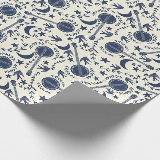 バンジョー選手のためのブルーとクリームフォークアートパターン ラッピングペーパー (角)
