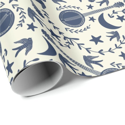 バンジョー選手のためのブルーとクリームフォークアートパターン ラッピングペーパー (ロールコーナー)