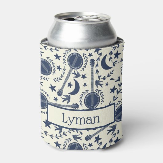 バンジョー選手のためのブルーとクリームフォークアートパターン 缶クーラー (缶正面)