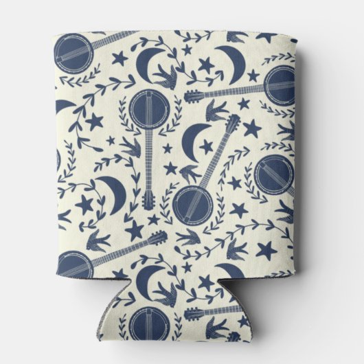 バンジョー選手のためのブルーとクリームフォークアートパターン 缶クーラー (裏面)