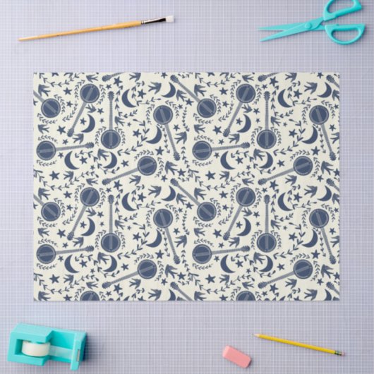 バンジョー選手のためのブルーとクリームフォークアートパターン 薄葉紙 (クラフト)