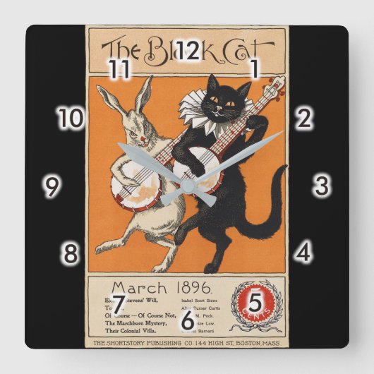 バンジョー、未知の芸術家を演奏している黒猫 スクエア壁時計 (正面)