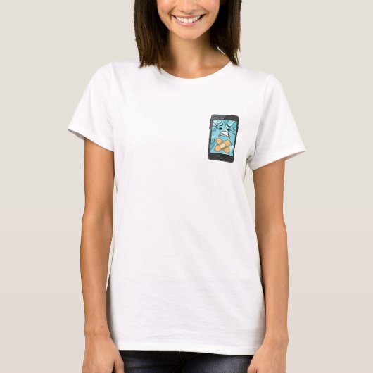 バンダイ付き悲しいひび割れたスマートフォンのキャラクター Tシャツ (正面)