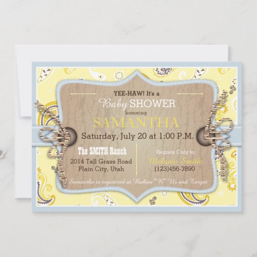 バンダナのプリントの揺り木馬のカウボーイのベビーシャワー 招待状 (裏面)