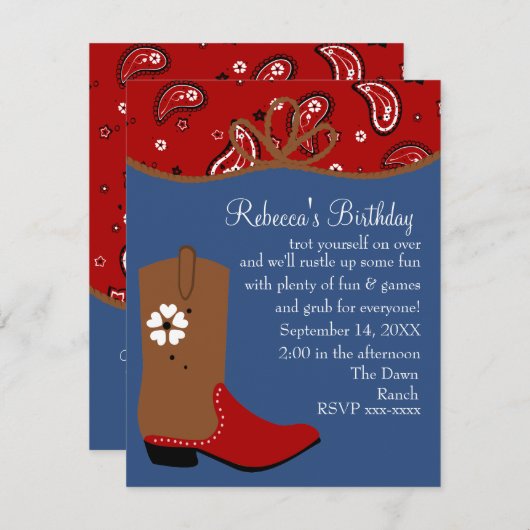 バンダナアンドラッソ女性のカーボーイ誕生日 招待状 (正面/裏面)