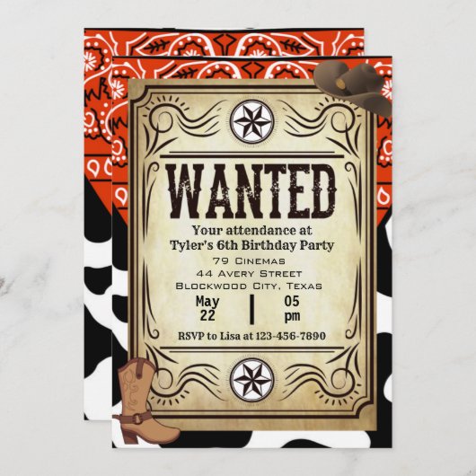 バンダナカウボーイバースデーパーティーの招待 招待状 (正面/裏面)
