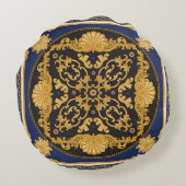 バンダナプリント：ブラックブルー金ゴールド。 ラウンドクッション (裏面)