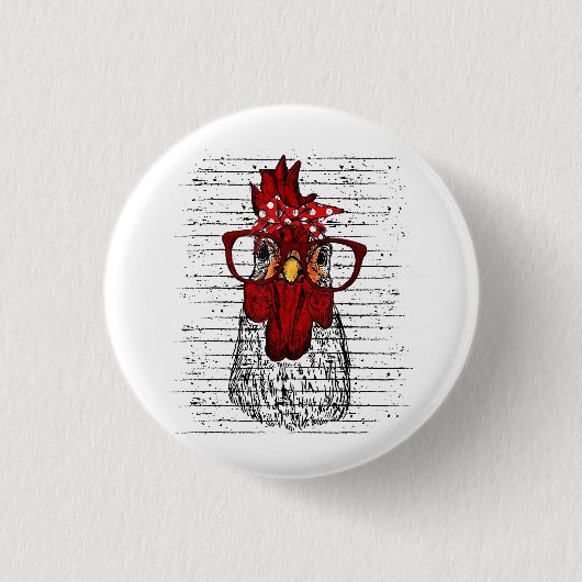 バンダナヘッドバンドとメガネかわいいチキン 缶バッジ (正面)