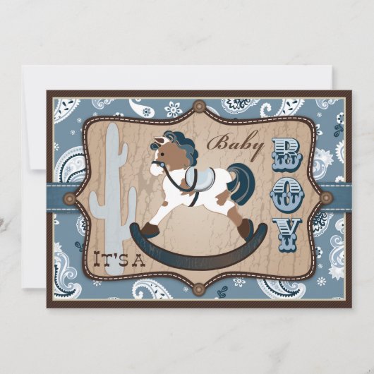 バンダンナプリント&ロッキングホースカウボーイベビーシャワー 招待状 (正面)