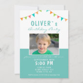 バントカラフルフラッグブルーフォトバースデーパーティー 招待状 (正面)