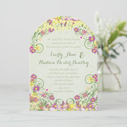 バントカラフルペナント渦巻形のフローラ結婚ズ 招待状 (スタンド正面)