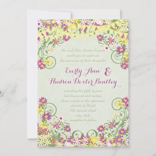 バントカラフルペナント渦巻形のフローラ結婚ズ 招待状 (正面)
