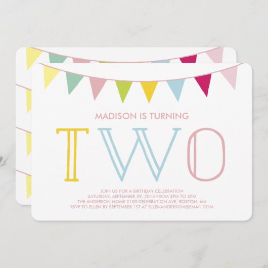 バントカラフル |第2誕生日招待状 招待状 (正面/裏面)