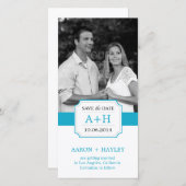 バンドモダン日付の写真カードを保存 – ターコイズ セーブザデート (正面/裏面)