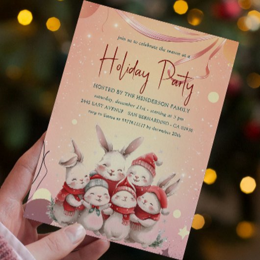 バンニーズウィズレッドスカーフウォーミングホリデーパーティインビタット 招待状