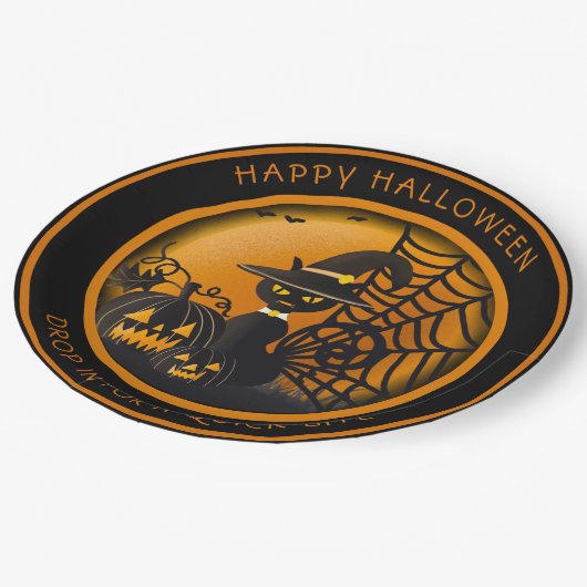 バンパイアブラックキャットハロウィーンカボンプキンズスパイダーウェブ ペーパープレート (アングル)