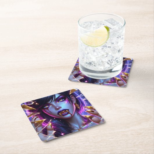 バンパイア金ゴールドの目と歯ハロウィーン スクエアペーパーコースター (インサイチュ)