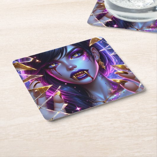 バンパイア金ゴールドの目と歯ハロウィーン スクエアペーパーコースター (アングル)