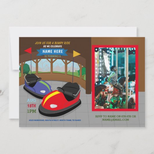 バンパーカーズ誕生日招待状フェアグラウンドフォト 招待状 (正面)