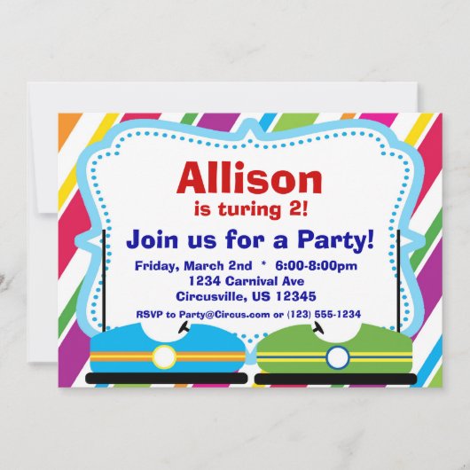 バンパー・カー、カーニバルのサーカスの誕生会 招待状 (正面)