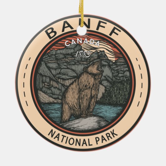 バンフナショナルパークカナダ旅行エンブレムヴィンテージ セラミックオーナメント (裏面)