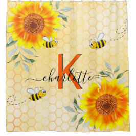 バンブルハチひまわり花イエローハニカムモノグラム シャワーカーテン