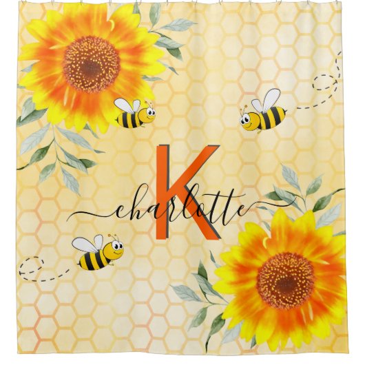 バンブルハチひまわり花イエローハニカムモノグラム シャワーカーテン (正面)