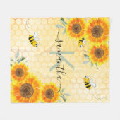 バンブルハチひまわり花イエローハニカムモノグラム フリースブランケット (正面(横))