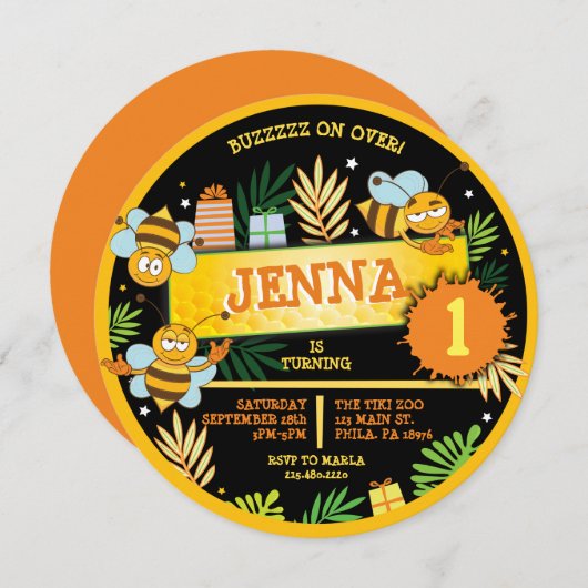 バンブルハチベビーの最初の誕生日パーティーの招待 招待状 (正面/裏面)