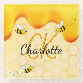 バンブルハチ蜂蜜のモノグラムを滴下する蜂蜜 ガラスコースター (正面)