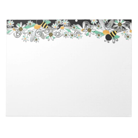 バンブルビーズホワイトデイジーとブラック水玉模様 ノートパッド (正面)