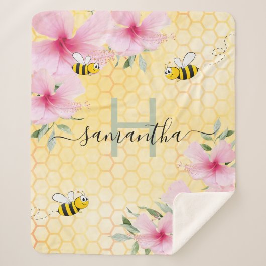 バンブルビーピンク花模様イエローハニカムモノグラム シェルパブランケット (正面)