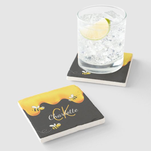 バンブルミツバチ蜂蜜がモノグラムブラックゴールデンを滴下 ストーンコースター (横)