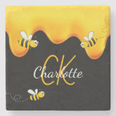 バンブルミツバチ蜂蜜がモノグラムブラックゴールデンを滴下 ストーンコースター (正面)