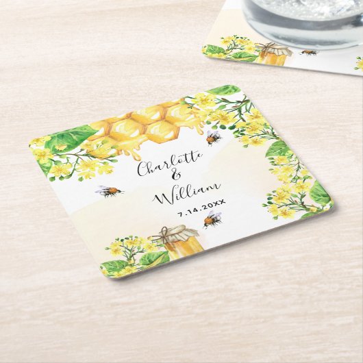 バンブルミツバチ蜂蜜の黄色結婚花模様 スクエアペーパーコースター (アングル)