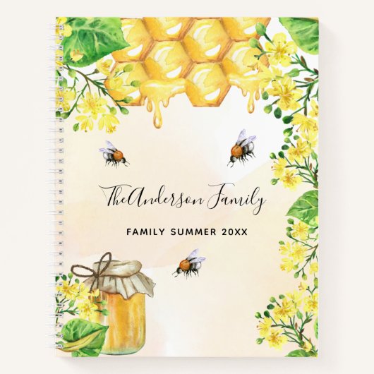 バンブルミツバチ蜂蜜イエロー花模様ファミリー名 ノートブック (正面)