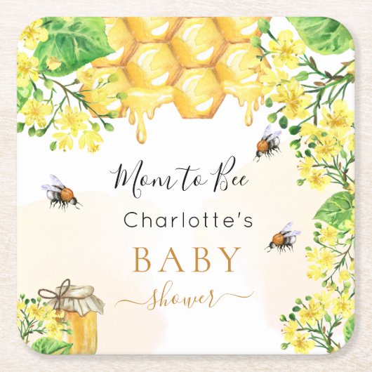 バンブルミツバチ蜂蜜イエロー花模様ベビーシャワー スクエアペーパーコースター (正面)