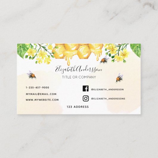 バンブルミツバチ蜂蜜イエロー花模様ロゴ 名刺 (裏面)