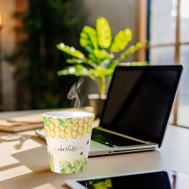 バンブルミツバチ蜂蜜イエロー花模様名スクリプト カフェラテマグ