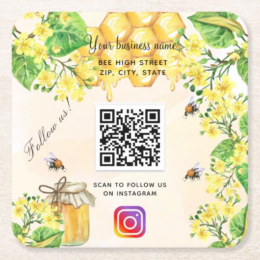 バンブルミツバチ黄色のフローラビジネスソーシャルメディア スクエアペーパーコースター (正面)
