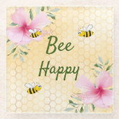 バンブルミツバチ黄色ハニカムピンク花模様 ガラスコースター (正面)