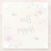 バンブルミツバチ黄色ハニカムピンク花模様 ガラスコースター (裏面)