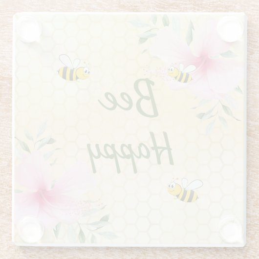バンブルミツバチ黄色ハニカムピンク花模様 ガラスコースター (裏面)